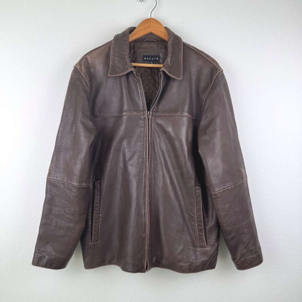 Vintage Encore Leather Jacket Mens M Brown Good Classic Minimalist Zip Up Coat
